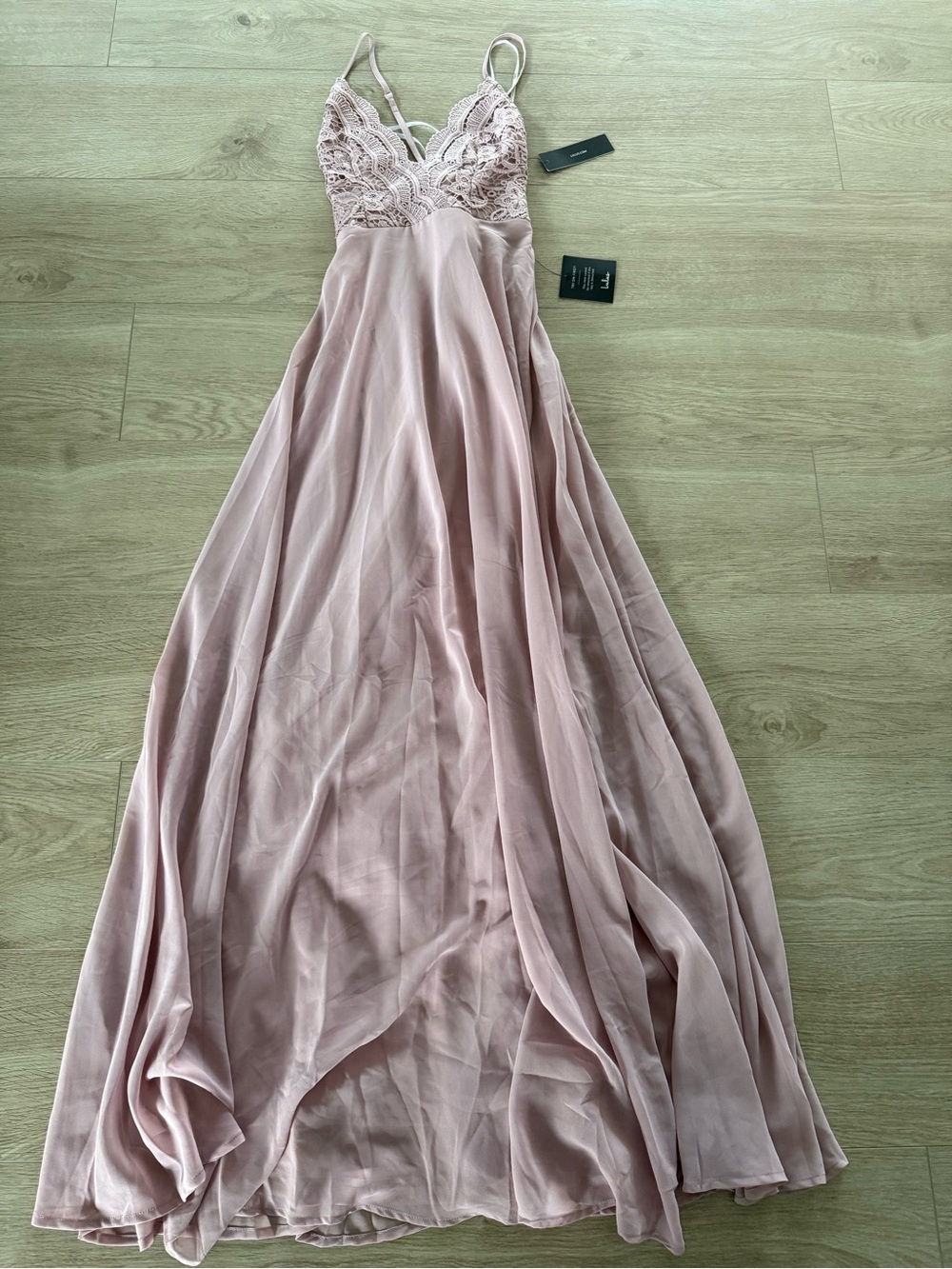 Lulu's Dusty Rose Lace Bodice Spaghetti Strap Prom Gown